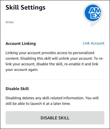 Click disable skill to disconnect your Alexa from your credit card account 