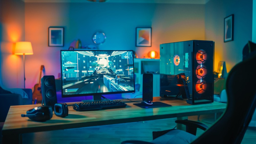 A monitor and gaming PC are set up with speakers, a headset, and a keyboard on a desk in a home with dark lighting.