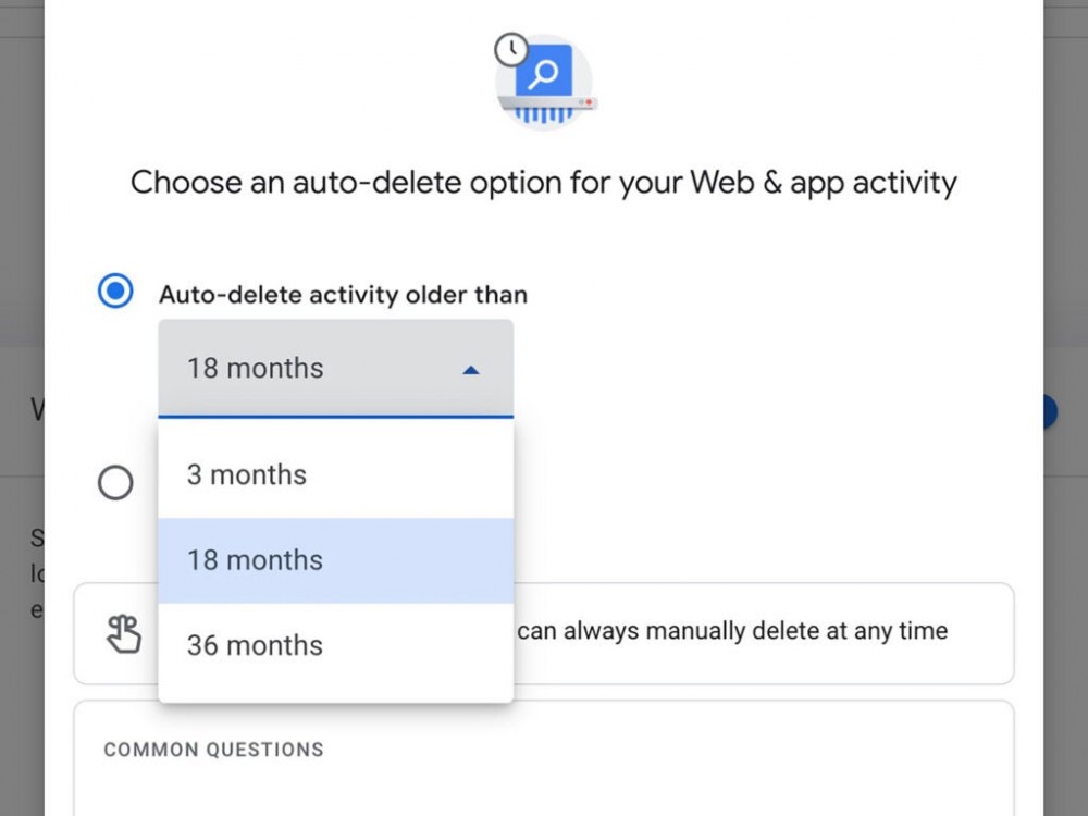 The options to automatically delete your Google search history.